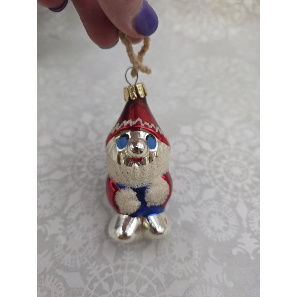 Unique Vintage‎ Santa Gnome Elf Glass Christmas Ornament Red Silver Blue NOTE